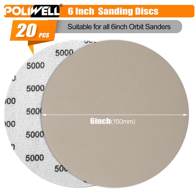 POLIWELL 6 Inch (150mm) 5000 Grit High Performance Waterproof Hook & Loop Sanding Discs Heavy Duty Silicon Carbide Round Flocking Sandpaper for Wet/Dry Sanding Grinder Polishing Accessories, 20-Pack - Image 2